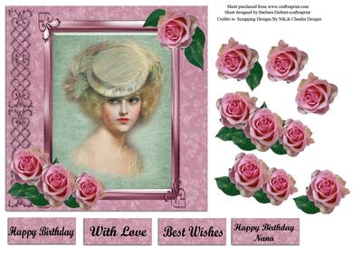 Portrait Lady Green in Glass Frame & Pink Rose Decoupage