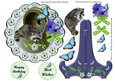 Cute Raccon Plate & Stand with Butterfly & Flower Decoupage