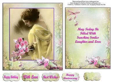 Lady with Rose Bouquet Card Topper & Insert