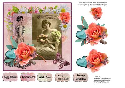 Hearts & Rose Birthday Vintage Wish & Decoupage