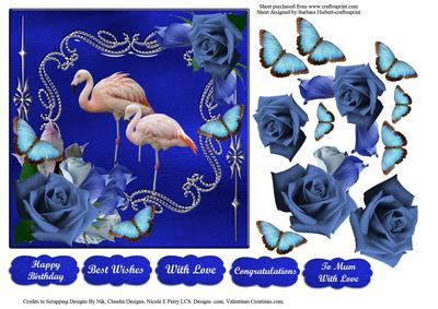 Pink Flamingos with Blue Rose and Butterfly Decoupage