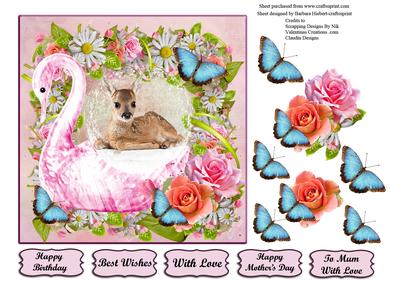 Pink Swan Globe with Fawn, Flowers & Butterflies,decoupage