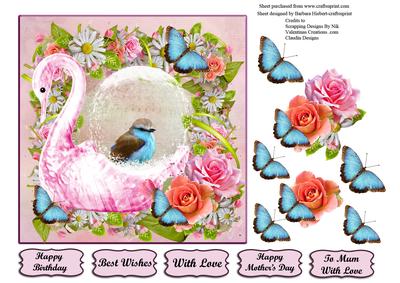 Pink Swan Globe with Bird, Flowers & Butterflies,decoupage