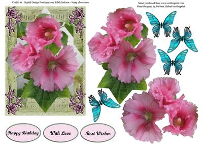 Pink Holy Hocks, Butterflies & Decoupage Topper