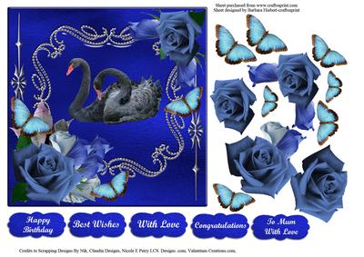 Black Swans & Blue Rose & Butterfly Decoupage