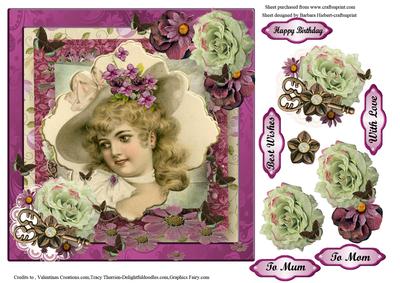 Vintage Lady & Butterflies & Rose Decoupage