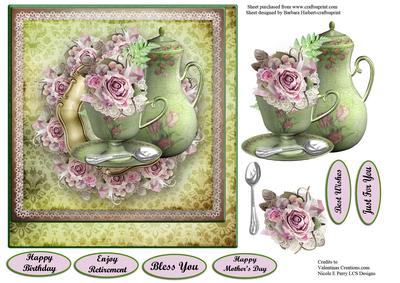 Pink Rose & Green Tea Set Card Topper & Decoupage