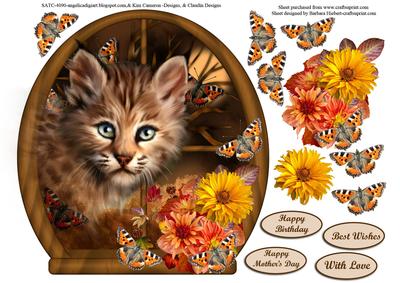 Wild Baby in Round Top Window with Butterfly & Flower Decoup