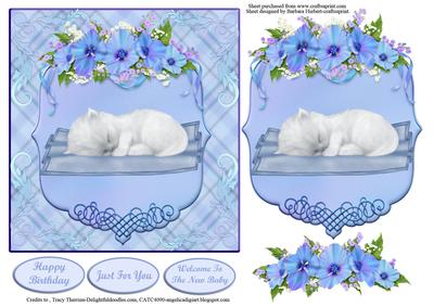 White Baby Kitten Blue Card Topper & Decoupage