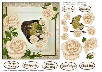 Rusty Bucket of Roses & Tiny Birds Card Topper & Decoupage