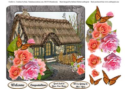 Coral & Pink Rose Cottage Card Topper with Decoupage