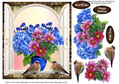 Fresh Picked Flowers & Birds in Window & Decoupage