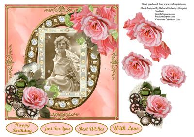 Vintage Glamor Portrait with Pink Rose Decouapge