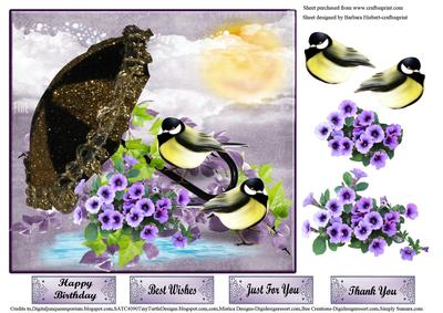 Spring Rain Card Topper with Flower & Bird Decouage