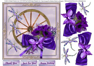 Old Wheel & Purple Flowers Card Topper & Decouapge