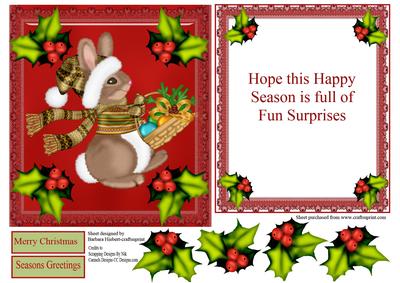 Christmas Bunny Red Holly Topper & Insert & Decoupage
