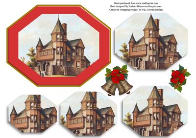 Victorian House Pyramid Christmas Card Top Red & Green Bells
