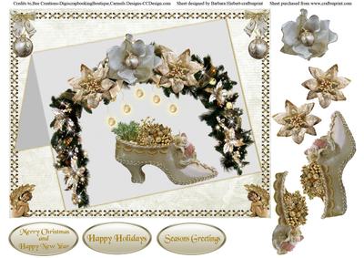 Gold & White Christmas Shoe Card Topper & Decoupage