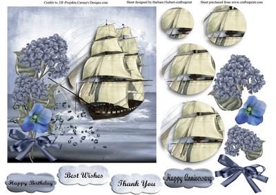 Blue Flower Ship Sailing Topper & Pyramid Decoupage