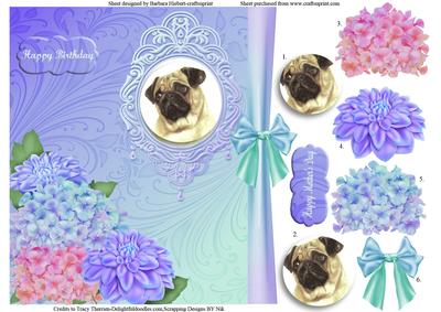 Pug Portrait & Hydrangea Flower Topper & Pyramid Decoupage