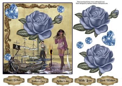 Blue Rose Pirate Ship Card Topper & Decoupage