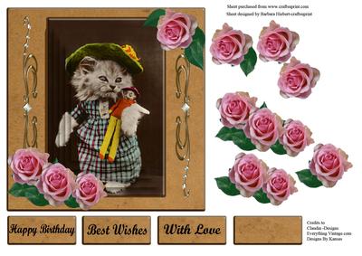 Vintage Kitten Dressed Up & Her Dolly & Pink Rose Decoupage