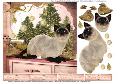 Siamese Cat & Christmas Birds Topper & Decoupage