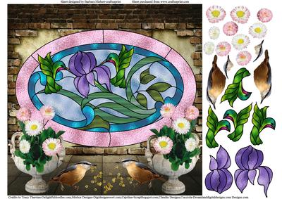 Stained Glass Window & Humming Birds & Flowers & Robins
