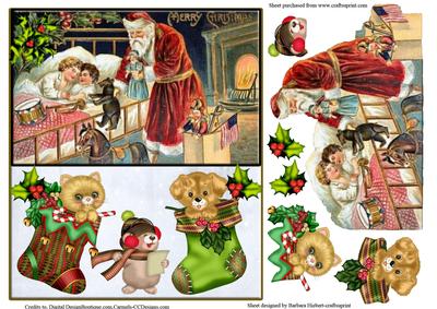 Puppy & Kitten Stocking with Vintage Santa Topper