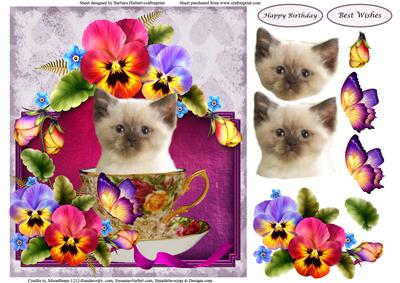 Kitten in a Tea Cup with Pansy's & Decoupage
