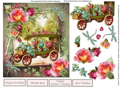 Country Flower Rose Cart Topper & Decoupage