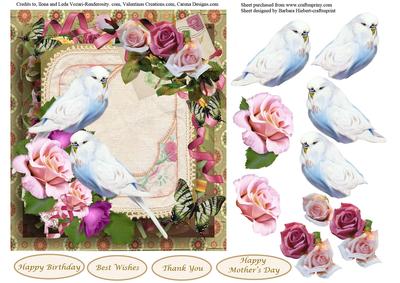 White Budgies & Roses Topper & Decoupage
