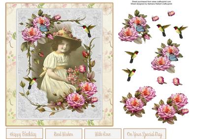 Girl Portrait with Wild Rose Frame and Decoupage