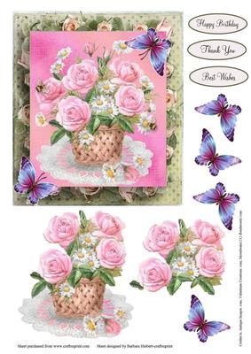 Basket of Pink Flowers Topper with Decoupage