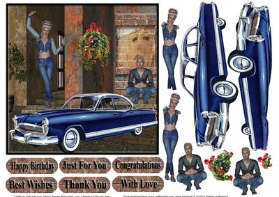 Young People Old Car Card Topper with Decoupage