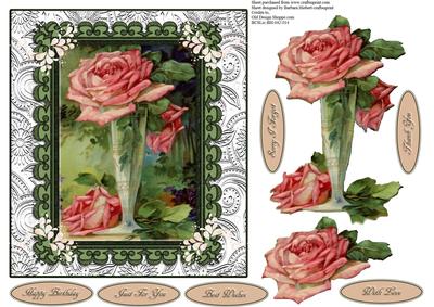 Vase with Pink Rose Topper with Decoupage