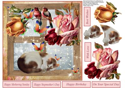 Cosy Cat and Vintage Flower Window with Decoupage