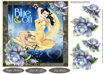 Blue Moon Pinup with Blue Rose Decoupage