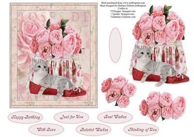Cottage Rose Kitten Topper with Decoupage