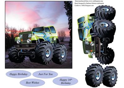 Monster Truck Green Topper with Decoupage