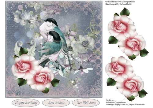 Birds Blue with Pink Rose Decoupage