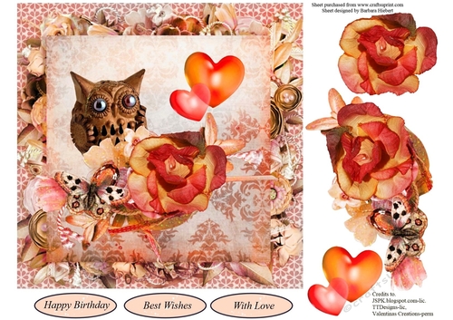 Owl Floral Hearts Topper with Decoupage