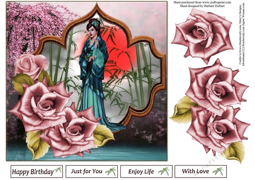 Beautiful Oriental Lady with Rose Decoupage