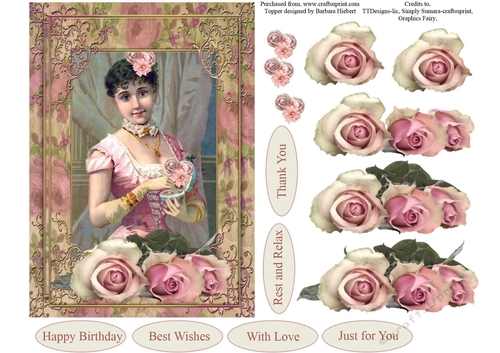 Vintage Lady with Pink Roses 5x7 Topper 