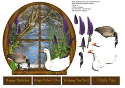 Oval River Window with White and Brown Geese