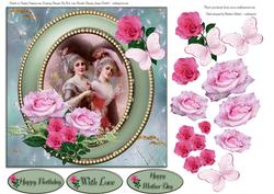 Vintage Ladies with Pink Roses in Green Pearl Framee