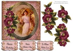 Vintage Lady Waving with Flower Basket