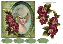 Vintage Lady with Oval Frame and Flowers