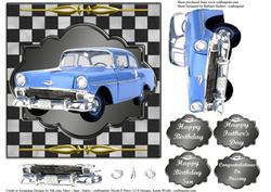 1956 Blue Chevy on Checkered Background