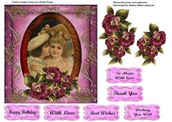 Vintage Portrait Kissing Kids in Oval Frame & Decoupage Pink